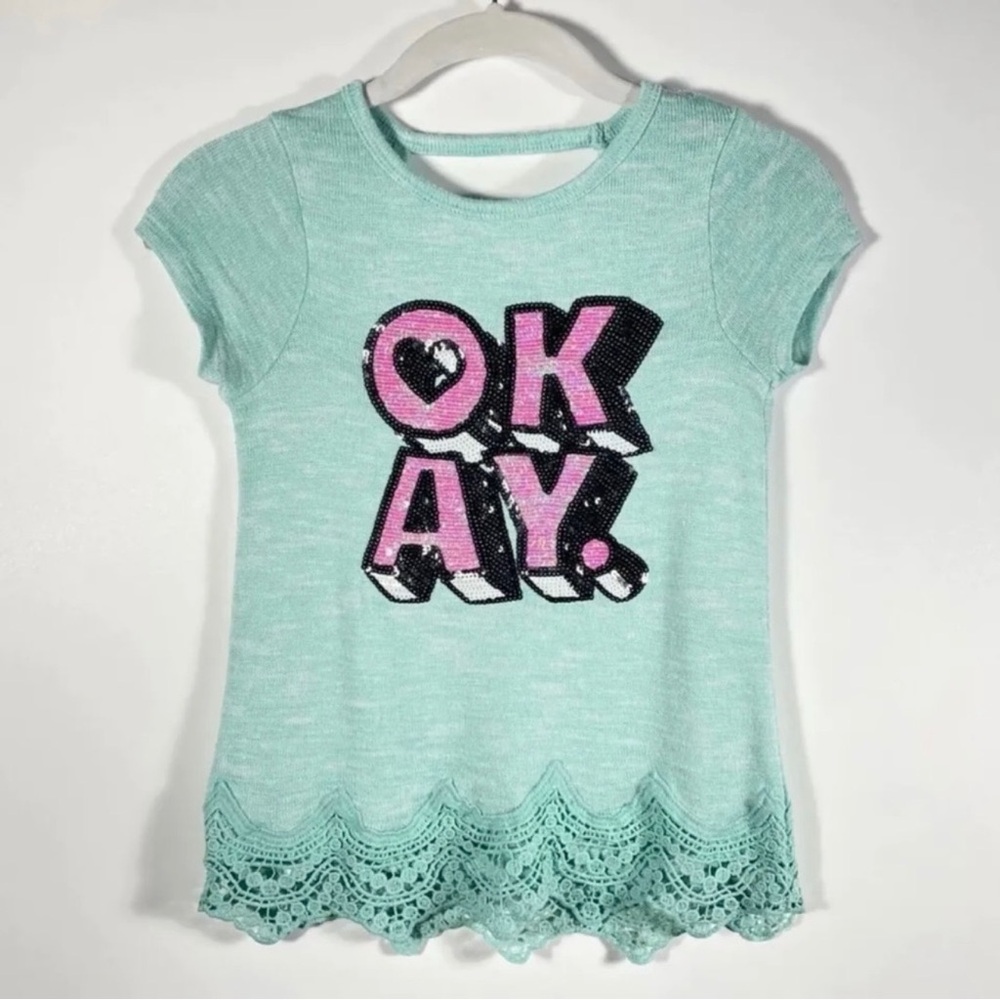Total Girl Mint Green Tee with Pink Sequin Graphic and Lace Hem Knit Sz S